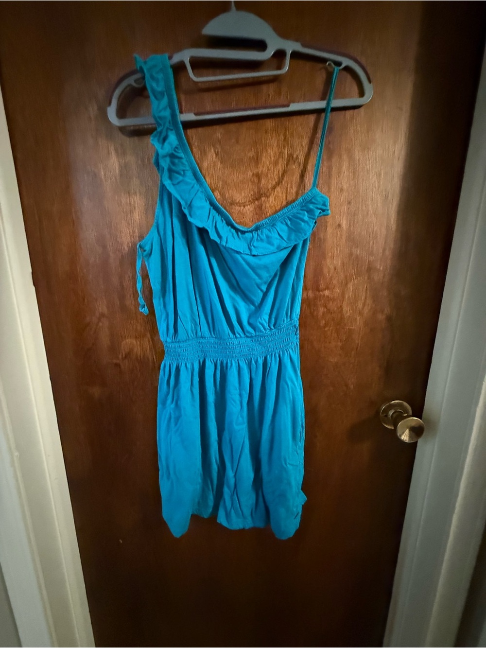 Garage Turquoise One-Shoulder Ruffle Dress